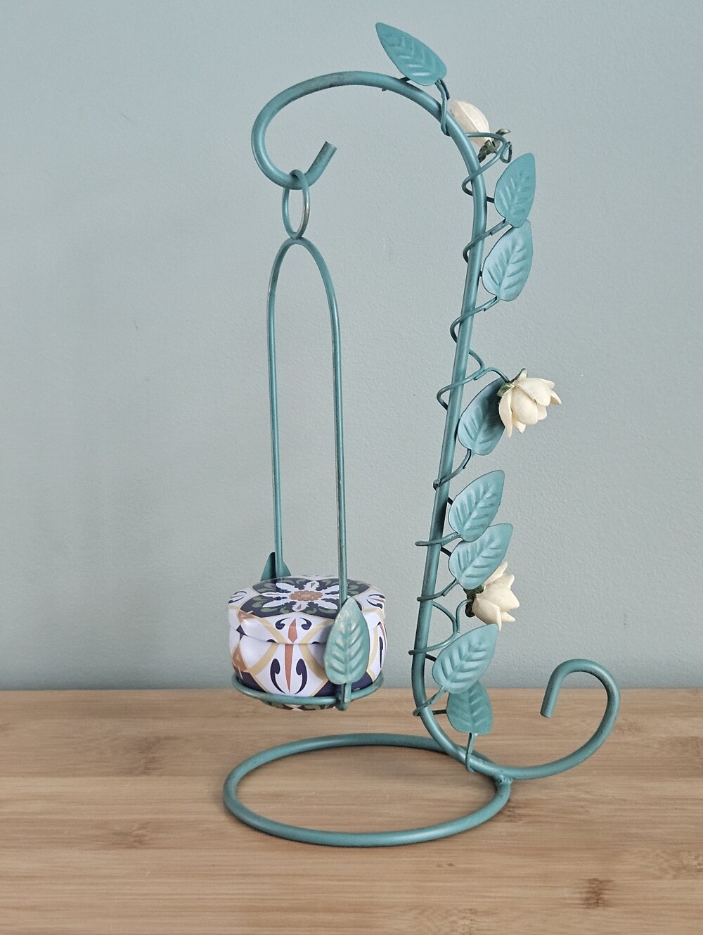 Teal Leaf Decorative Hanging Candle Stand with Floral Accents